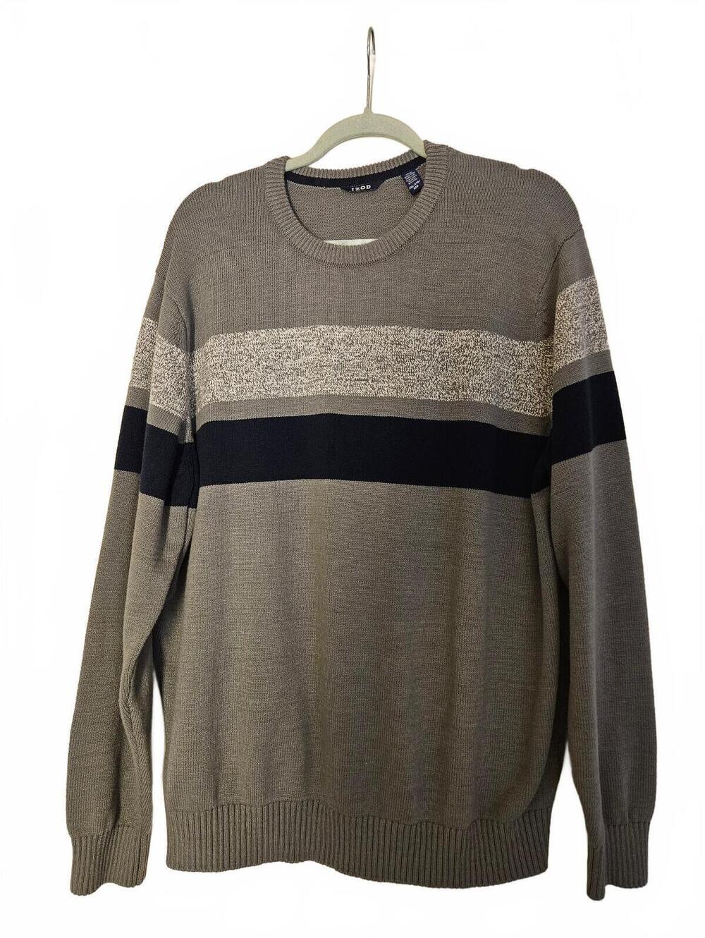 IZOD Men's XXL Gray & Blue Color-Blocked Crewneck Knit Sweater w/Stripe Detail